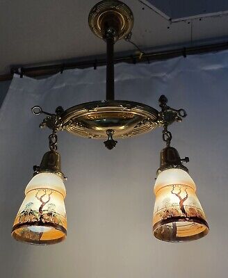Antique c1890s Arts Crafts Deco Victorian Brass Pan Chandelier Gasolier Lamp Vtg