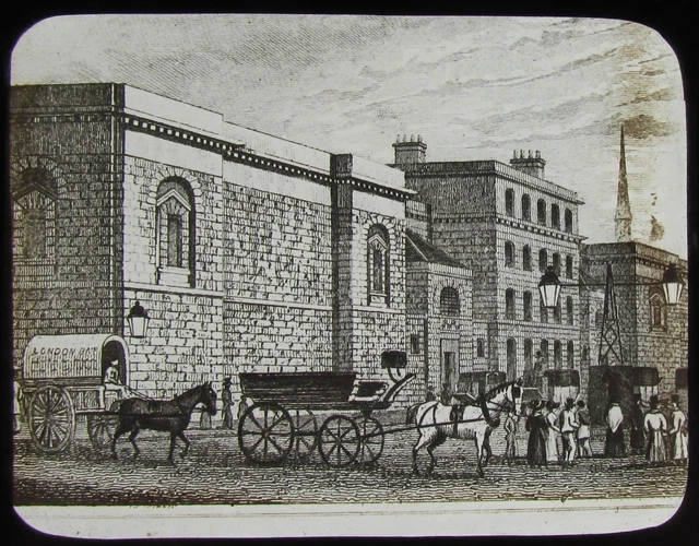 Glas magische Laterne Rutsche NEWGATE PRISON LONDON C1890 ALTE VIKTORIANISCHE ZEICHNUNG