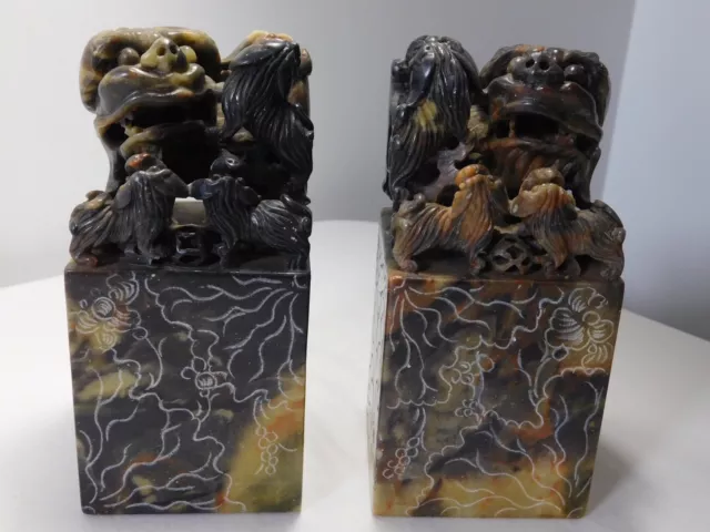 Pair of Alabaster or Stone Foo Dogs Chinese Bookends Hand Carved Asian Art