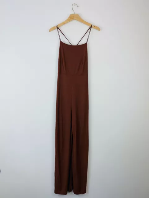 La Perla Vintage Jumpsuit 12 UK Brown Stretch Cage Style Thin Strap Wide Leg