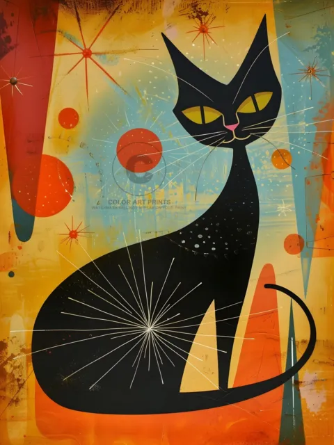 Black Cat Mysterious Mid Century Modern Atomic Abstract Giclée Art Print 12X16