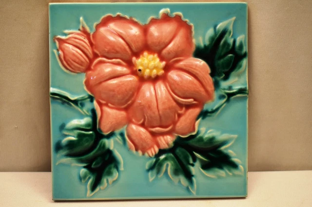 Antique Saji Japan Tile Majolica Art Nouveau Ceramic Rose High Embossed Rare"43 2