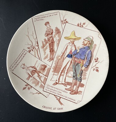 ASSIETTE PARLANTE XIX humour faïence de Sarreguemines Chasse au Lion