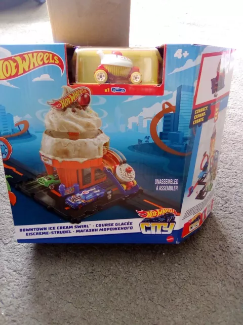 Hot Wheels Downtown Ice Cream Swirl Playset City Track With Car