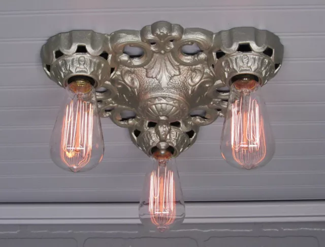 Vintage 1920's Art Deco Cast Iron Flush Mount Ceiling Fixture 3 Light Restored