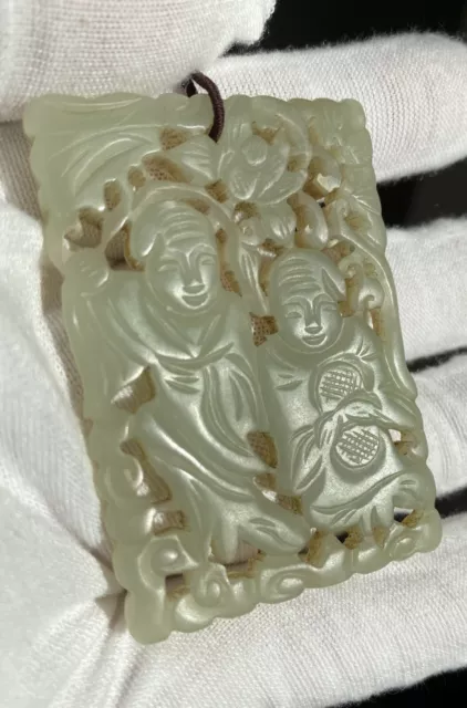 Antique Chinese Celadon White Hetian Nephrite jade Natural Hand Carved Two Sides