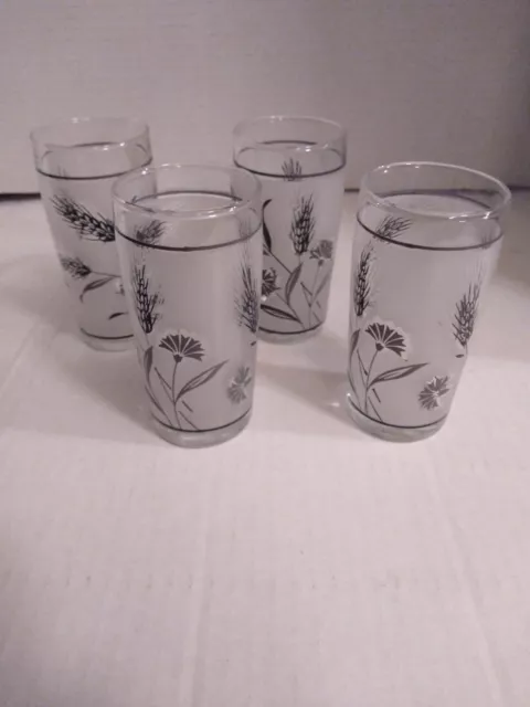 Vintage Libbey Frosted Juice Glasses Silver Wheat Mid Century 4" Set of 4