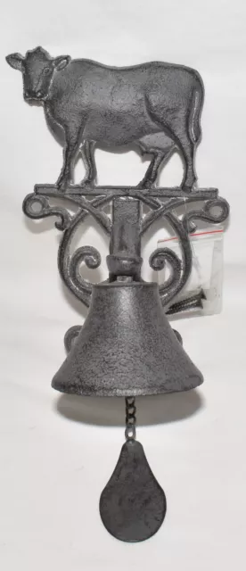 Cast Iron Cow Dinner Bell 10" Wall Mount Rustic Bell w Cow Figure Farm Country