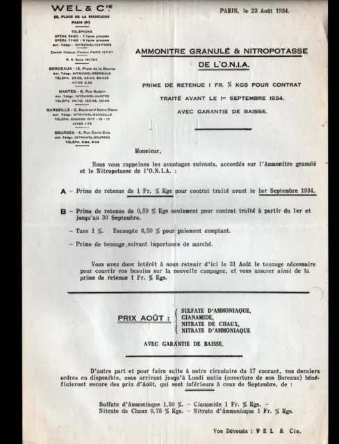 PARIS (VIII°) PRODUITS CHIMIQUES / AMMONITRE & NITROPOTASSE "WEL & Cie" en 1934