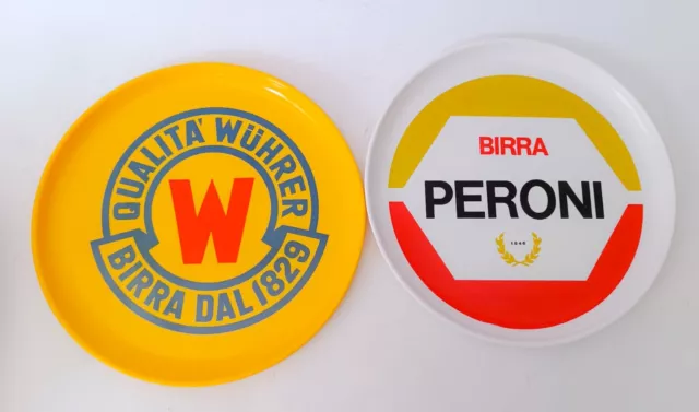 ♥ Coppia Vassoio Birra Peroni Wuhrer Rotondi Vintage Anni 70 Da Bar In Plastica