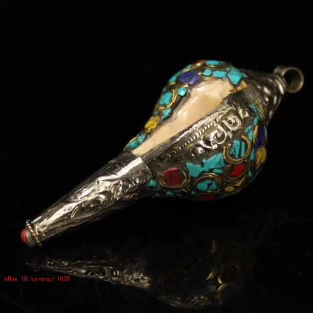 Old Tibetan Buddhism Conch Inlaid Silver Turquoise Ruby Conch Trumpet Horn Shell