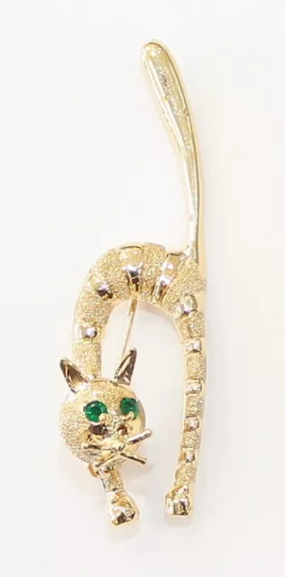 14k Yellow Gold Emerald Stone Cat Brooch Pin ~ 4.8g