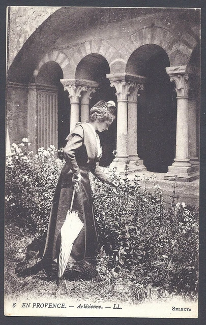 POSTCARD French folk costume Arles Provence vintage fashion flowers umbrella old
