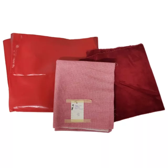 Vintage Sewing Fabric Scrap Pieces Red Vinyl Gingham Velour Print Vtg Clothing