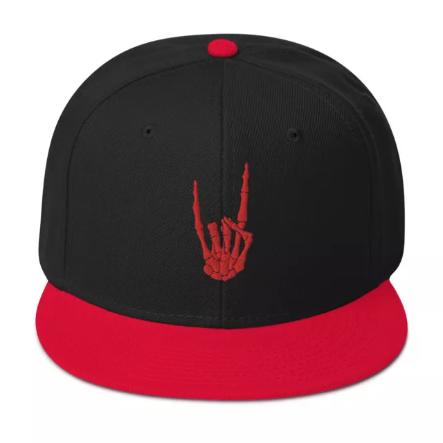 Red Bone Hand Devil Horns Metal Sign Embroidered Flat Bill Cap Snapback Hat