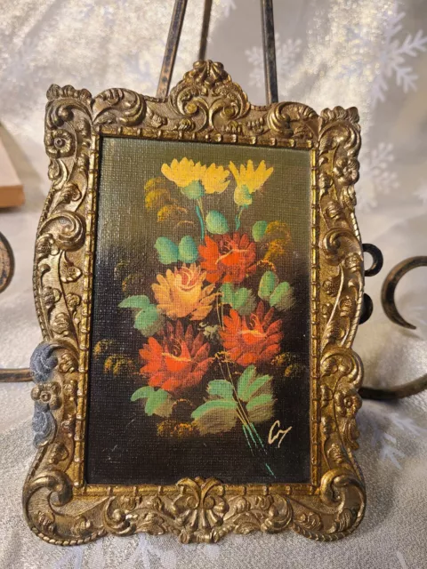 Antique Floral Still Life "oil on Board" Signed -Old Ornate Miniature Frame