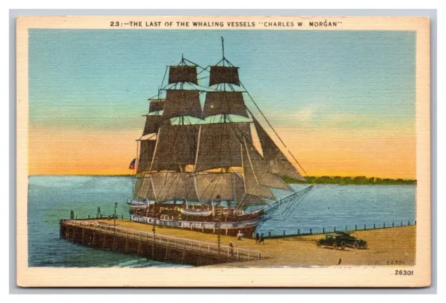 Mystic CT Charles W Morgan Whaling Vessel Ship Marine Museum Linen Postcard