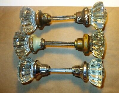 6 Old Salvaged Antique Vintage Crystal Glass Doorknobs 3 Stems 2" Wide 12 Point