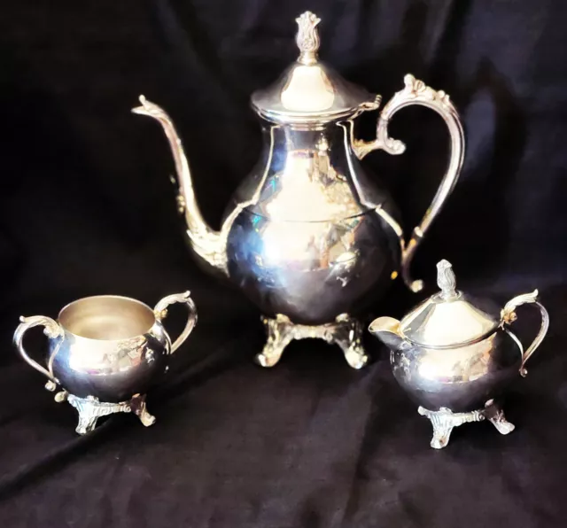 VTG F. B. ROGERS SILVER PLATED 3 Pc FOOTED TEA POT CREAMER SUGER BOWL w/ LID SET