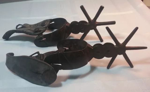 Pair Vintage Iron Western Spurs 1½” Rowels Partial Leathers Astronaut Chas Duke