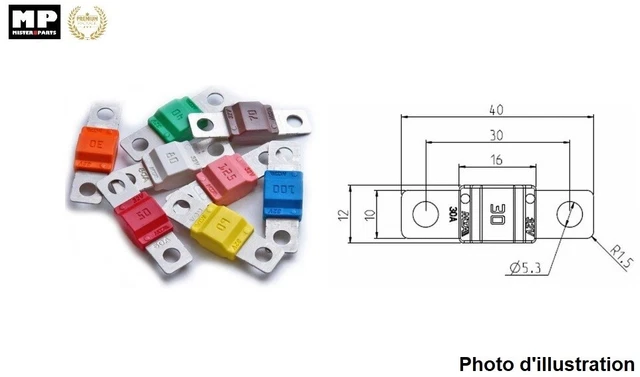 Fusibles MIDI 30 40 50 60 70 80 100 125 150 175 200 A  longueur 40 mm 32V
