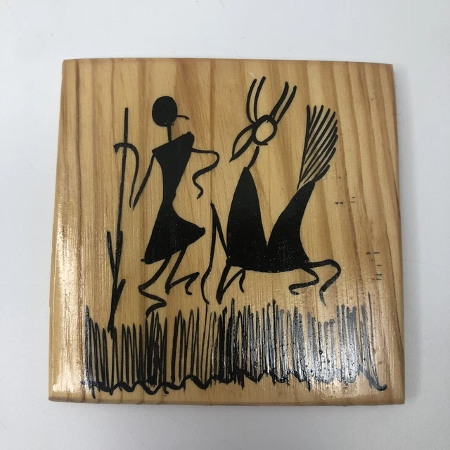 Set of 6 Warli Stick figure art Mumbai India wooden coasters in box 3" x 3" 3
