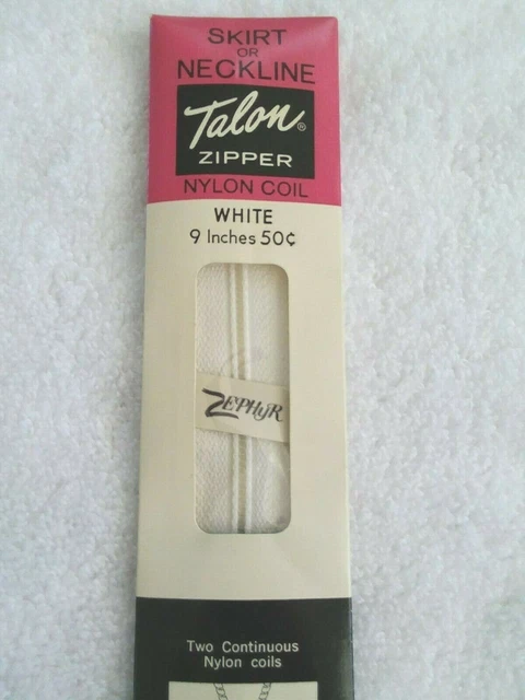 Cremallera bobina de nailon blanca de garra estilo 25-1 para escote de falda 9" de la década de 1960