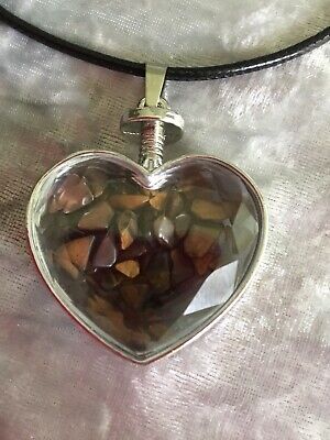 Natural Tiger Eye Chips Heart Glass Pendant Necklace With Black Wax Leather Cord
