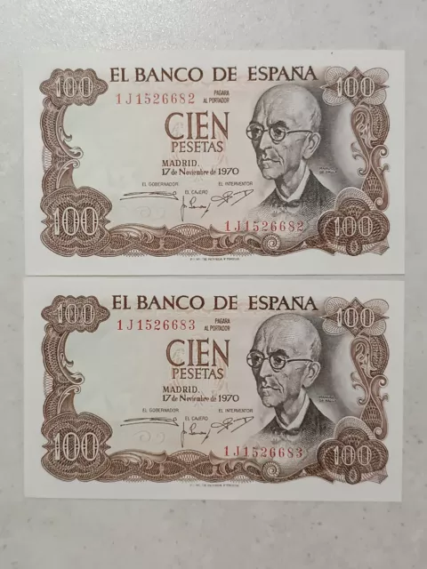 Lote De 2 Billetes Correlativos De 100 Pesetas. 1970. Falla. Ebc++