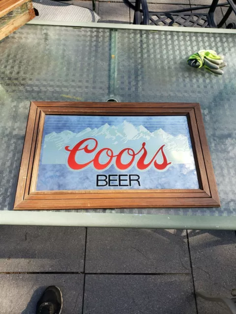 Vintage Coors Beer Sign Mirror Wood Frame Rockies Mountains 28” x 18”