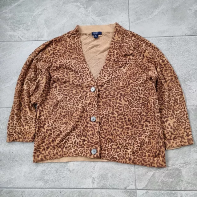 Ralph Lauren Chaps Cardigan Womens XL 3/4 Sleeve Leopard Print Button Up V-Neck