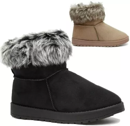 Femmes Cheville Chaud Hiver Faux Moelleux Doublé Fourrure Snugg Bottes UK