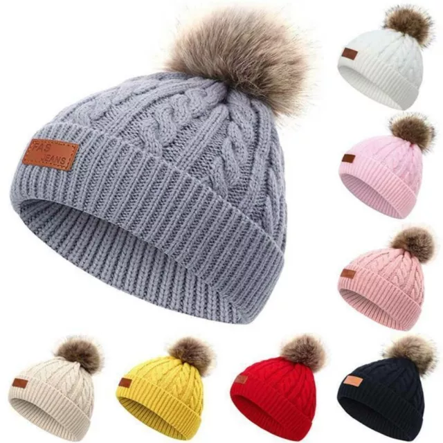 Cute Fur Pom Bobble Winter Warm Toddler Beanie Baby Cap Hemming Hat Knitted Hat