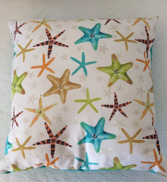 Starfish fabric cushion new 17in x 17in cream with turquoise backing handmade