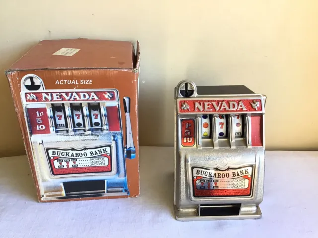 Vintage Nevada Buckaroo Las Vegas Metal Slot Machine Coin Bank Working Hong Kong