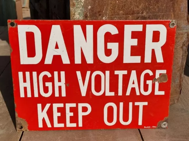 Vintage Old Antique Danger High Voltage Keep Out Ad. Porcelain Enamel Sign Board 2