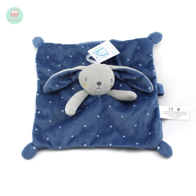 Doudou Plat Carré Lapin Bleu Gris  Etoiles Attache Sucette Simba Toys