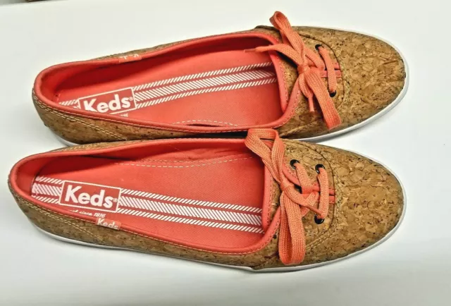 Keds Womens Teacup Cork Coral Shoes Size 9 1/2 Laced Ballet Style Flats Slip On 3