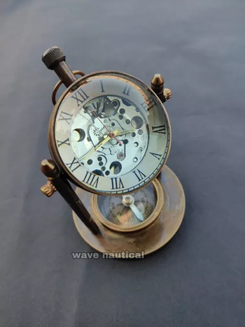 Antike Messing-Schreibtischuhr mit Kompass, mechanischer Vintage-Stil,...