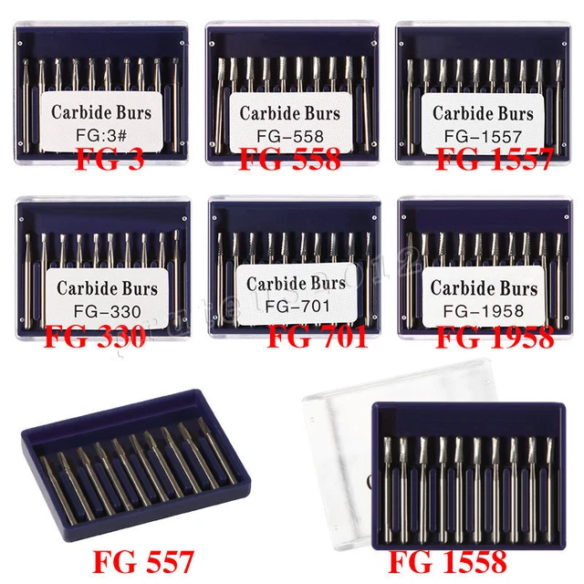 Fraises Dentaires FG Carbure De Tungstène Cône Inversé - Lot De 10 Neuves, Diamètres 1.0/1.6/2.3 Mm