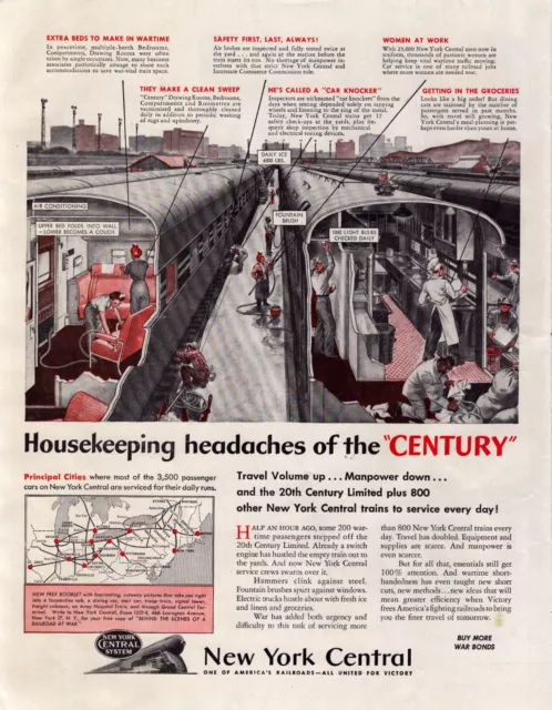 1944 New York Central Railroad Print Ad WWII Housekeeping Headaches Century