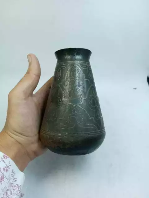 Antique Steel Vase Inlaid Silver Handmade Engraving Albadri Arabic Old Decor