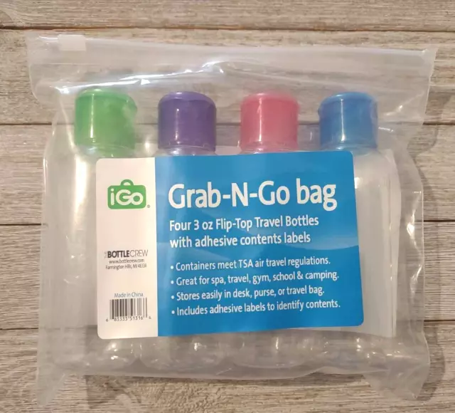 iGo Grab-N-Go Bag 4 Flip Top Travel  Bottles With Adhesive Labels