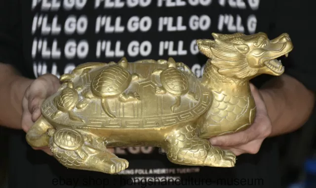 11.2 " Old Chinese Bronze Gilt Dynasty Fengshui Dragon turtle Statue