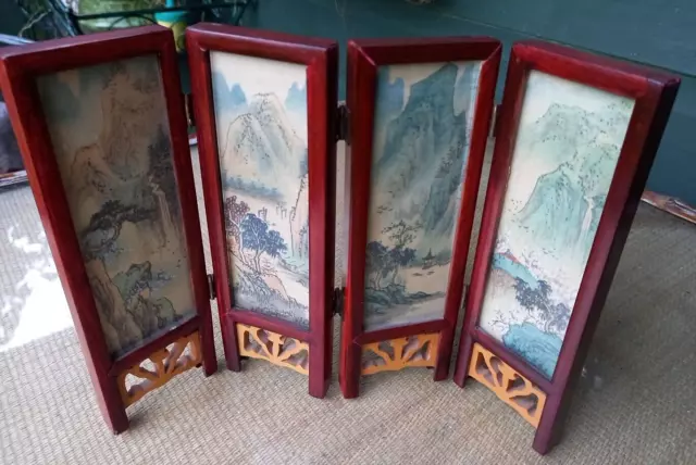 4-Panel Oriental Small Miniature Folding Screen Hand Painted Birds & Scenery 2