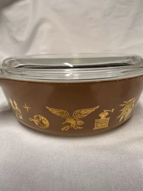 Vintage Pyrex 1 Pint Early American Brown Gold Round Casserole Dish w Glass Lid