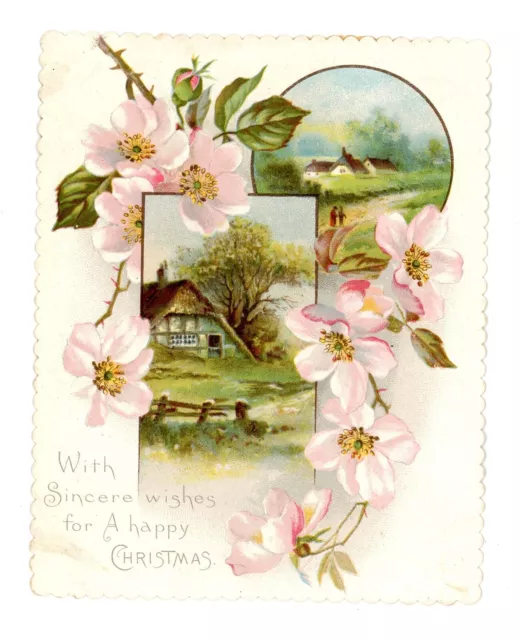 Antique Christmas card flowers landscape die cut colour printed Victorian #47