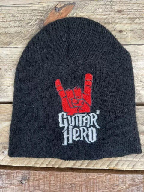 Guitar Hero Beanie Hat Black Red Adult OS 8x7” Knit Rock Sign Gamer Stocking Cap