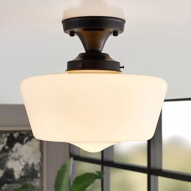 Modern Black Semi Flush Mount Ceiling Light Schoolhouse Light Fixture Milk Glass