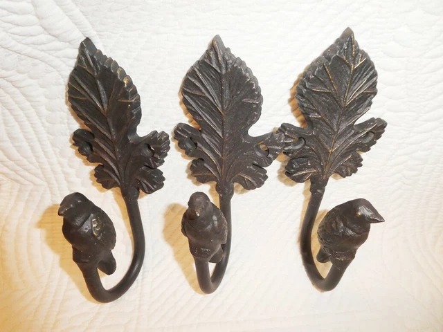 Cast Iron Hooks Birds & Leaves, Set of 3, Coat, Hat, Robe, Jewelry, Heavy!